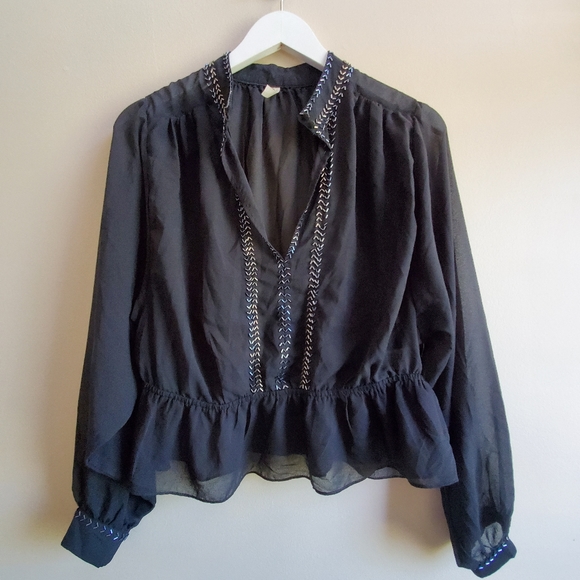 Free People Black beaded long sleeve Sheer Blouse, Small Size - Picture 2 of 12